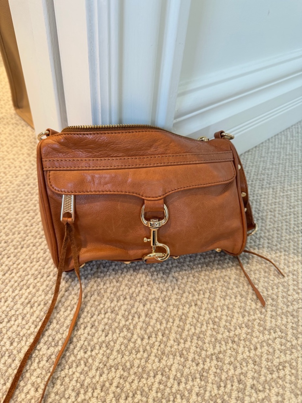 Rebecca Minkoff Cognac Leather Mini MAC Crossbody with Gold Hardware